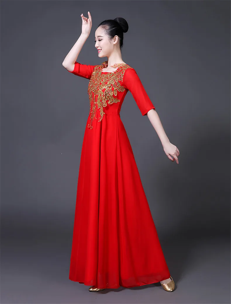 Китайский Hanfu хор представление Платье Женская юбка взрослый современный танец хост среднего возраста и пожилых выступлений платья