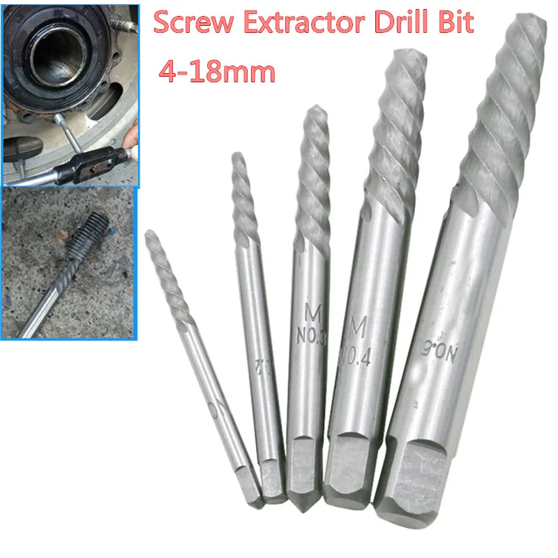 

5pcs/set 4-18mm Damaged Broken Screw Extractor Drill Bit Easy Out Damaged Bolts Screws Kit Removal Tool Chrome Vanadium Steel