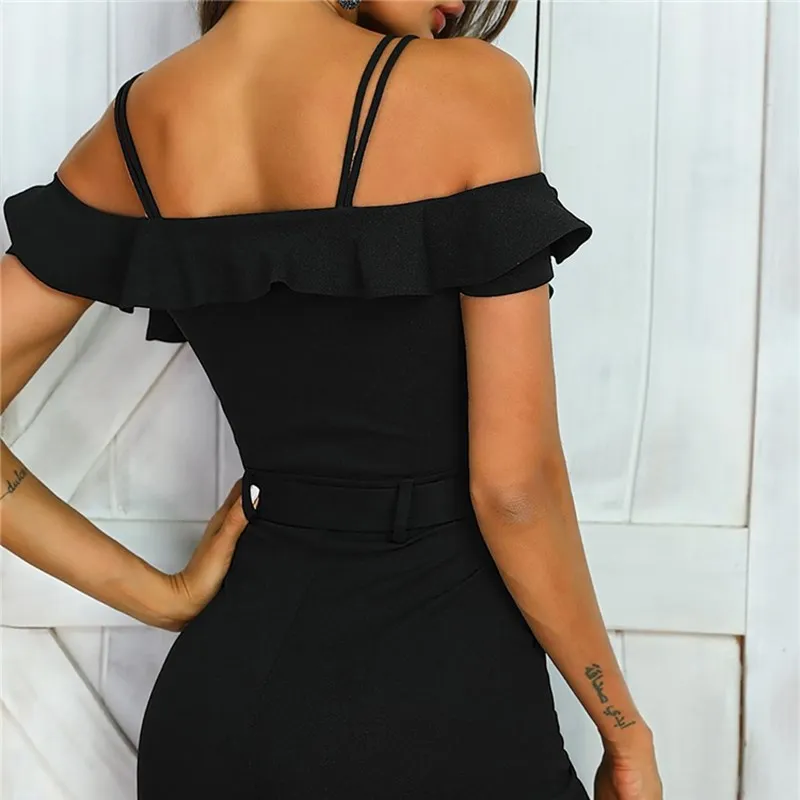 Женский Короткий комбинезон с оборками и поясом элегантный открытыми плечами v