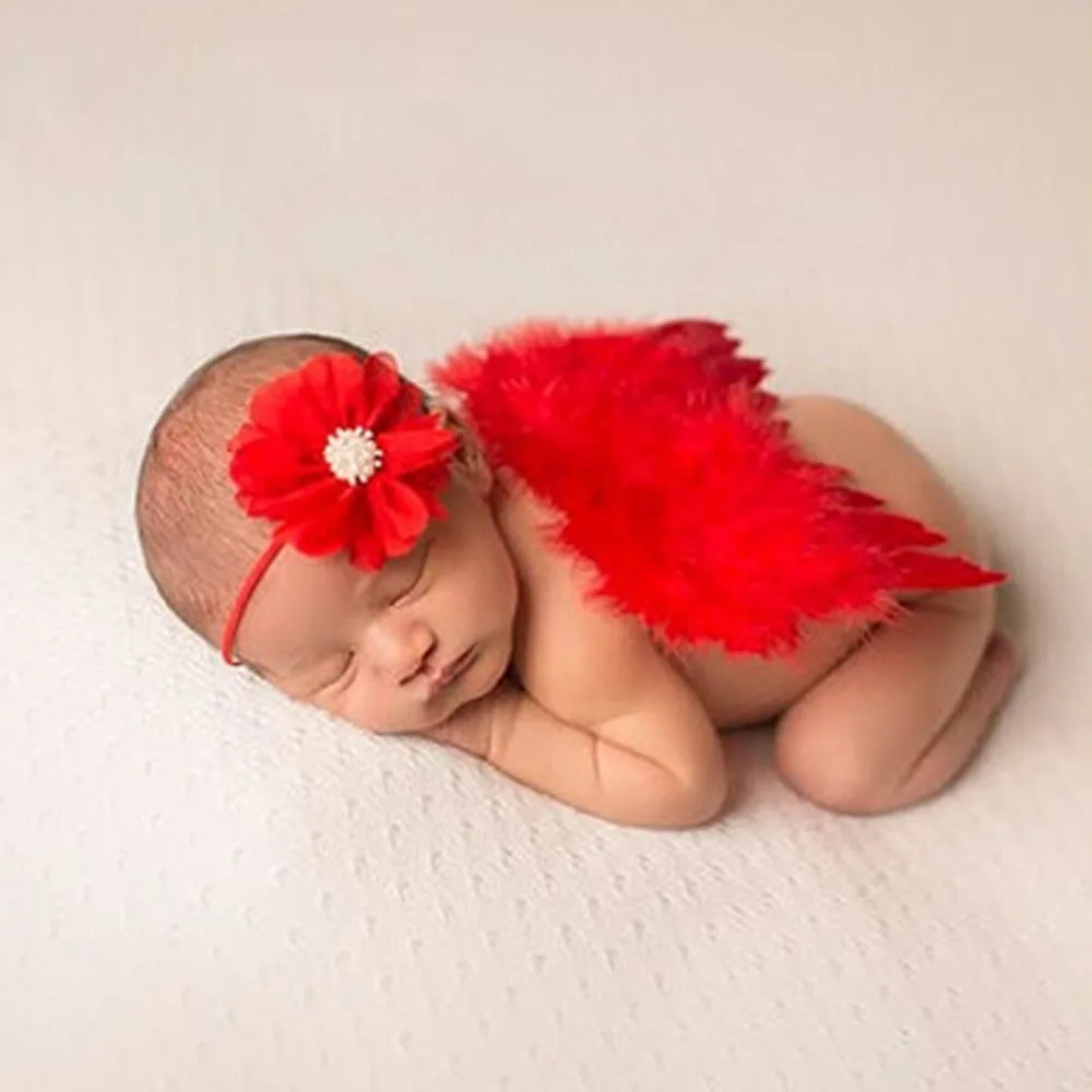 

Baby Girls Red Feather Angel Wings + Stone Chiffon Flower Headband Newborn Back Accessories Infantil photosprops bebe foto prop