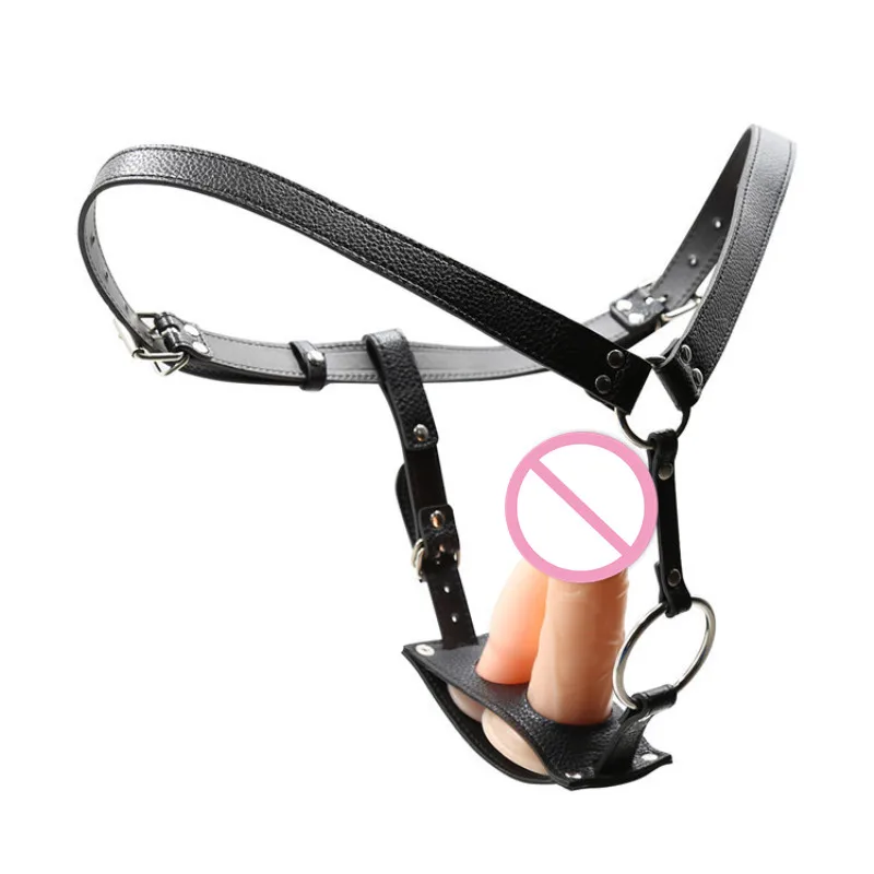 Черные бондажные брюки из ПУ съемная ткань ремешок на ремне фаллоимитатор