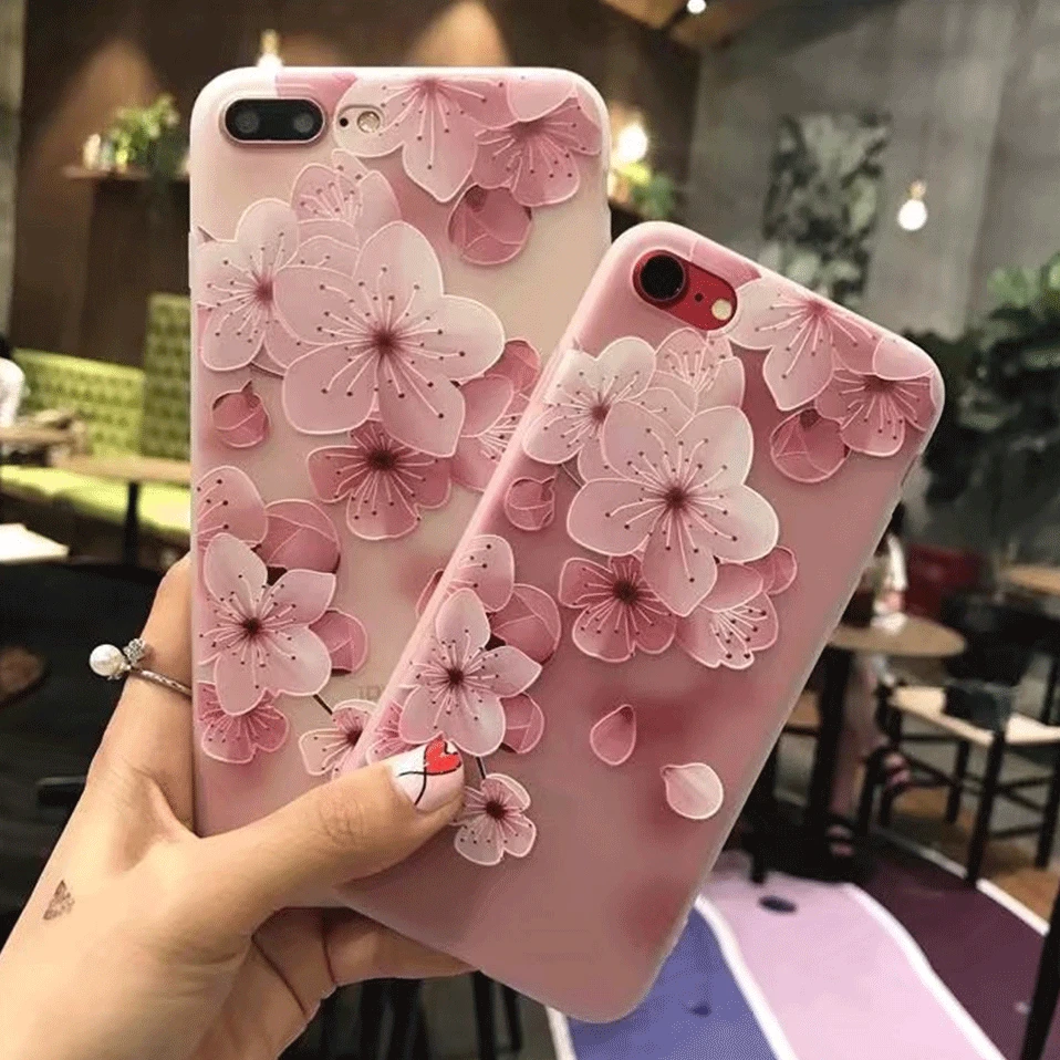 Мягкий 3D цветок телефон чехол для iPhone 6 S 7 8 Plus рельефные вишневые цветы