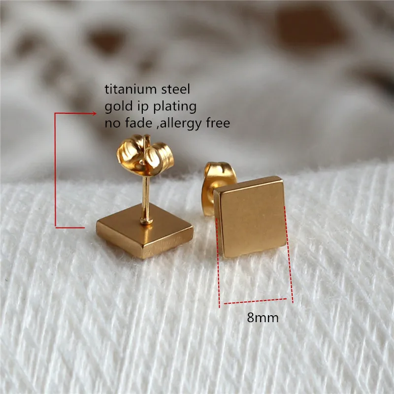 Titanium 316L Stainless Steel Gold-color IP Planting Stud Earrings Square 8mm No Fade Allergy Free Fashion Jewelry