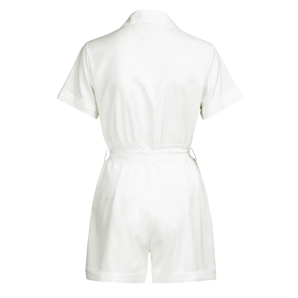 Женский Повседневный комбинезон на пуговицах с манжетами и коротким рукавом