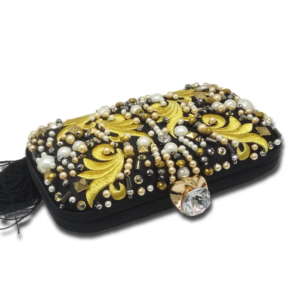 Известная марка бисера заклепки вышивка кисточкой женский черный атлас вечерние