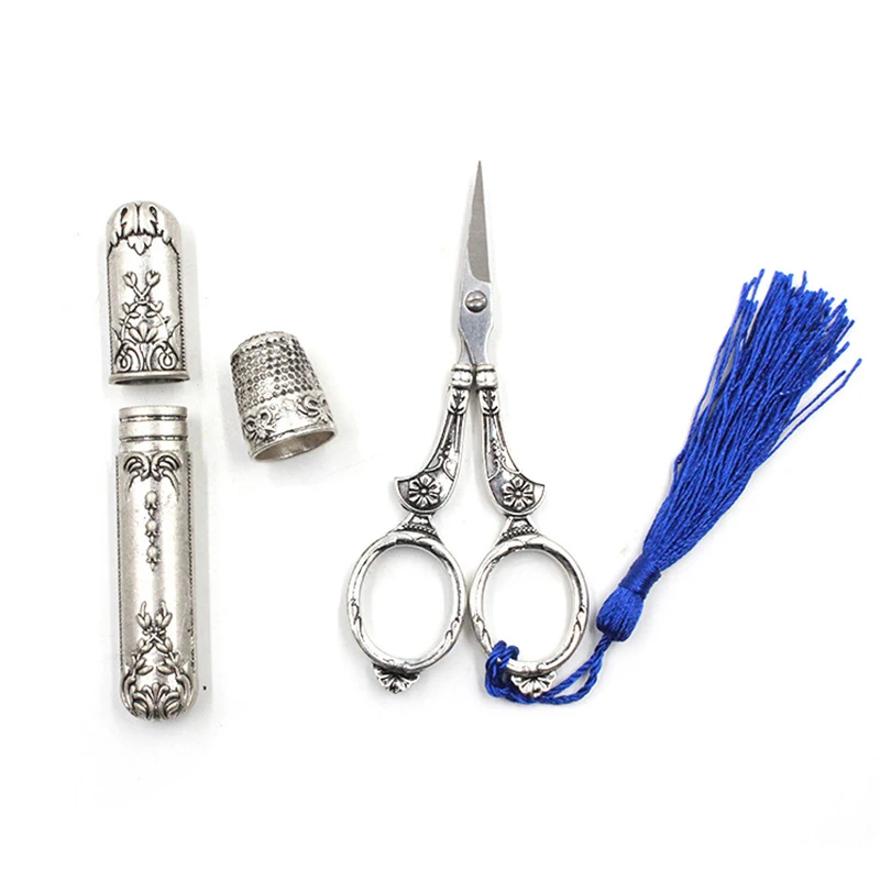 

1set European Vintage Sewing Scissors Tool Set Silver Needle Cylinder Finger Thimble Embroidery Cross Stitch Sewing Accessories