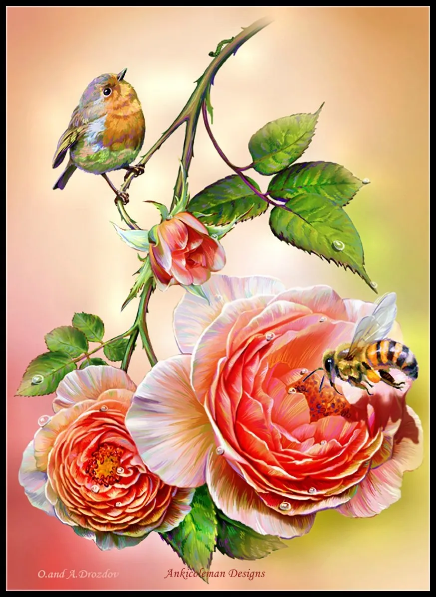 

Embroidery Counted Cross Stitch Kits Needlework - Crafts 14 ct DMC Color DIY art Color Handmade Decor - Bird, Bee and Roses