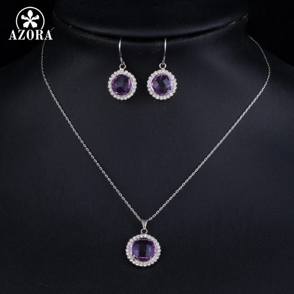 AZORA Elegant Purple Round Stellux Austrian Crystal Drop Earrings and Pendant Necklace Jewelry Set TG0185 | Украшения и