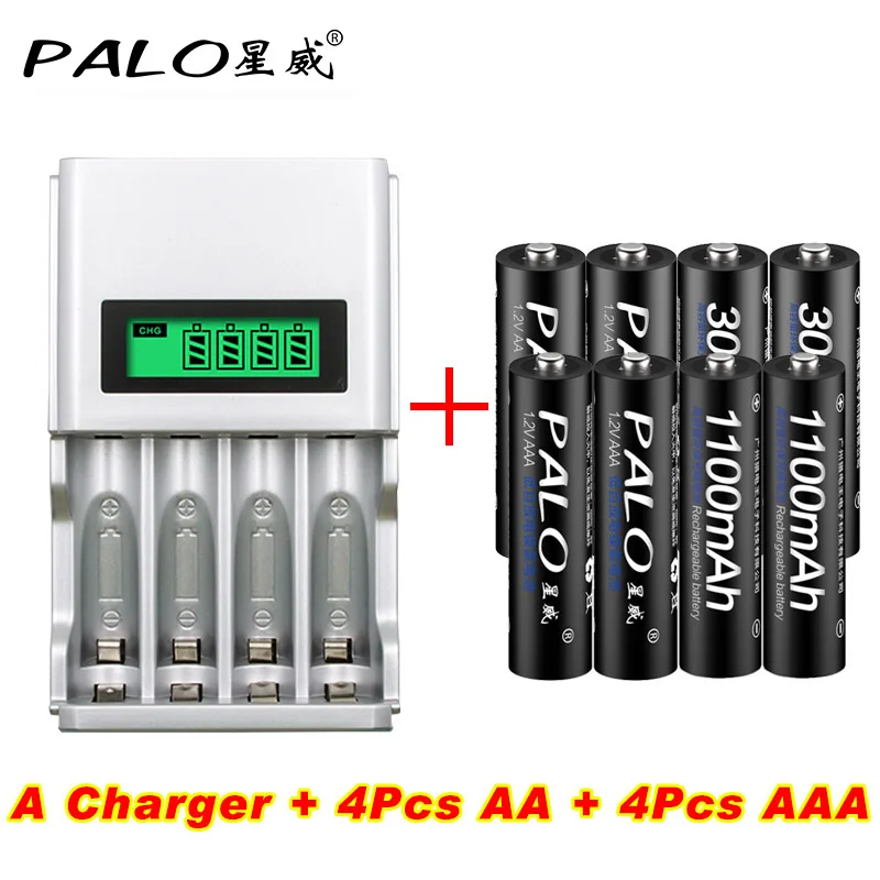 

PALO 4 Slots LCD Display Intelligent Smart Battery Charger For AA/AAA NiCd NiMh Rechargeable Batteries + 4pcs AA + 4pcs AAA