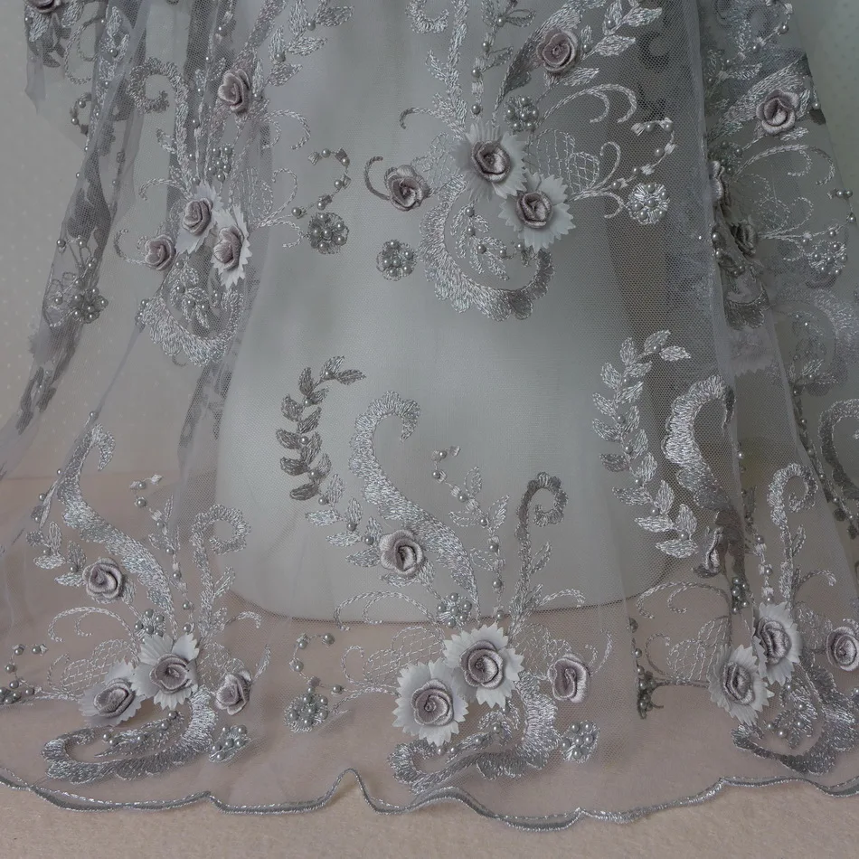 Мятно-зеленая/Черная 3D Цветочная вышитая бисером сетчатая кружевная ткань