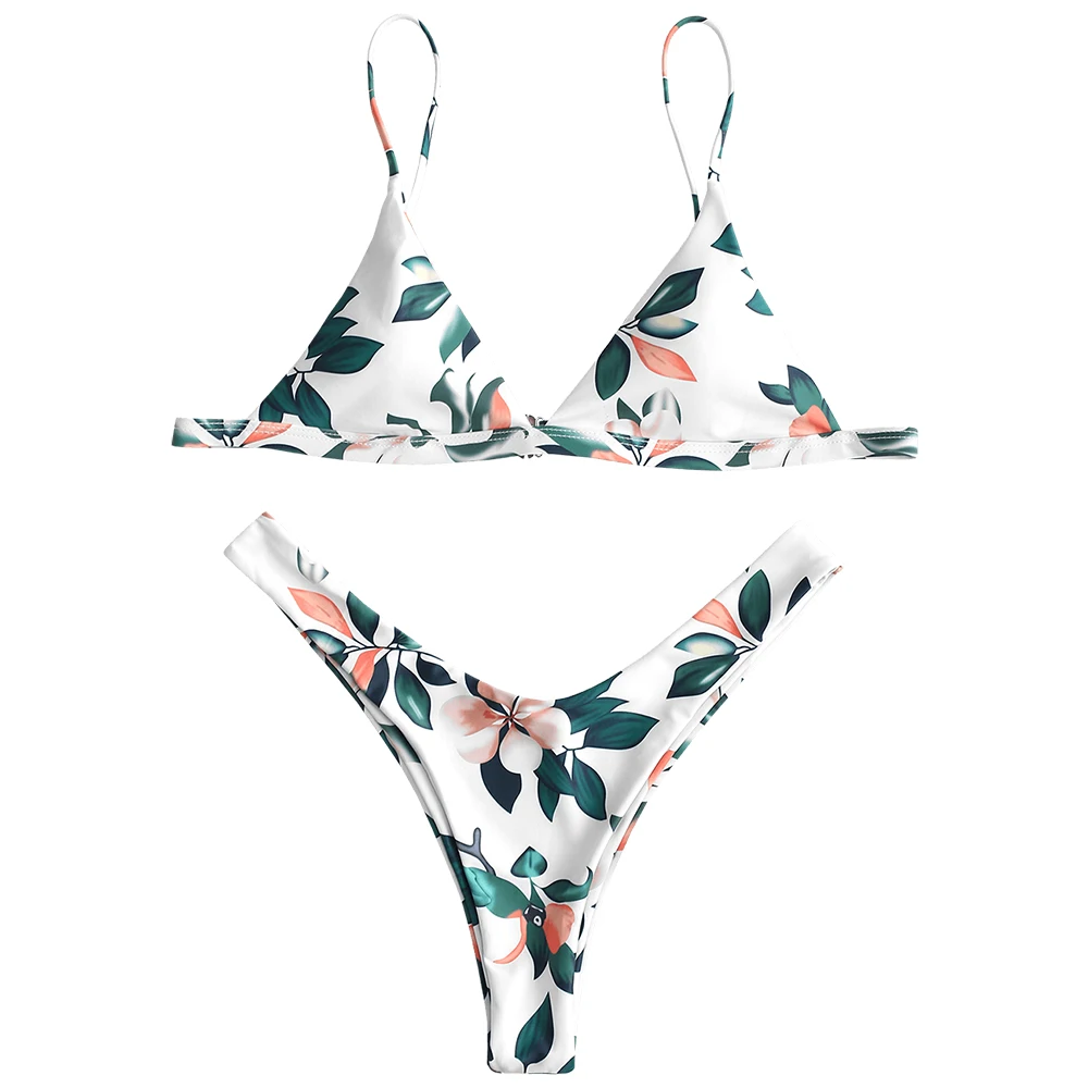 ZAFUL Leaf Print Micro Bikini Plunge High Cut Bikini Padded Spaghetti Straps Swimwear Women Sexy Thong Brazilian Biquini
