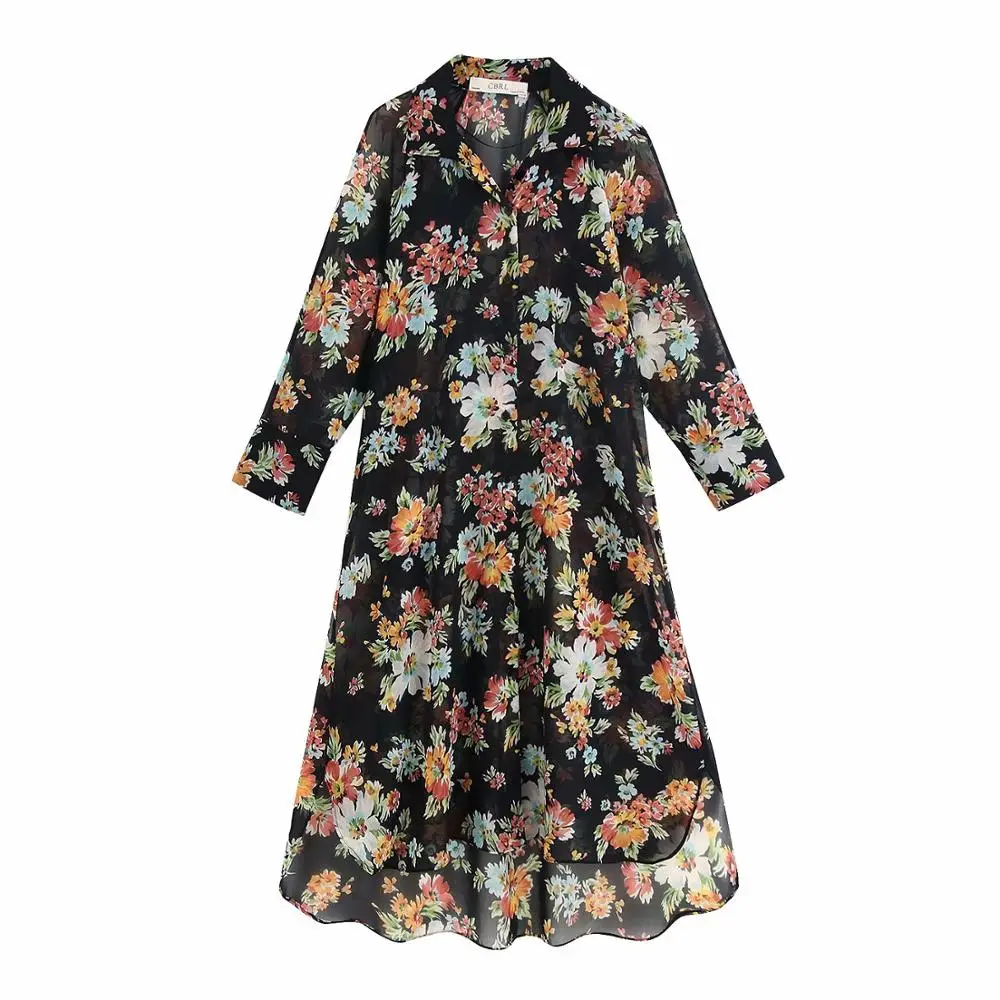 Осень 2019 Женская Длинная блузка с цветочным принтом шифоновая отворотом рукавом