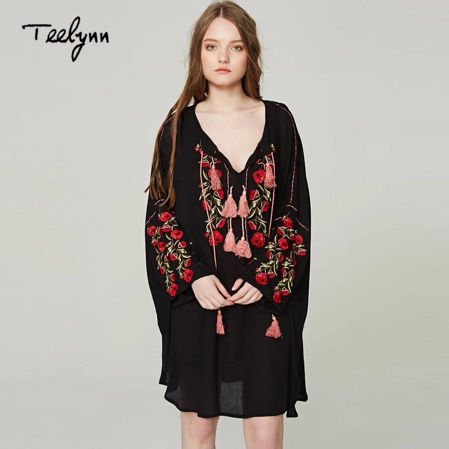 TEELYNN платья в богемном стиле 2018 искусственный шелк с цветочным рисунком вышивкой
