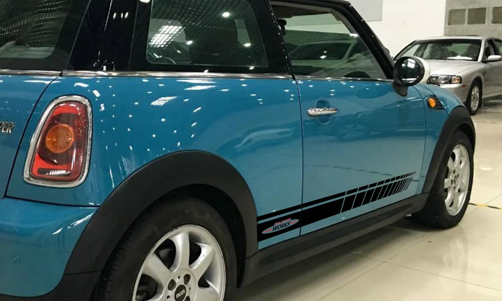 2pcs Car Door Side Skirt JCW Decal Stickers Racing Stripes Decoration For MINI John Cooper Works R56 R58 R59 F57 F56 Hatchback