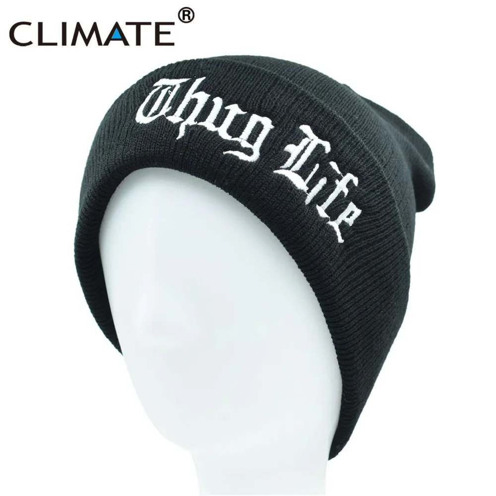 Климатическая Мужская Женская Зимняя Теплая Шапка бини THUG LIFE Black Knit Skullies Beanie