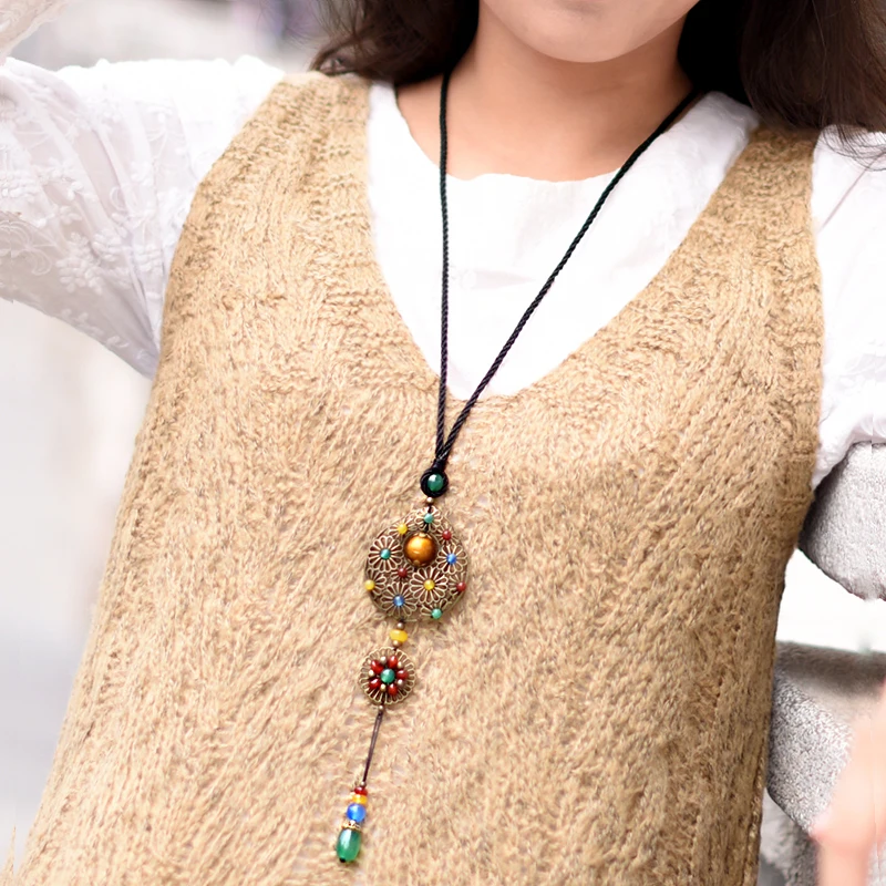 Модное этническое бронзовое круглое ожерелье с подвеской для женщин Длинная