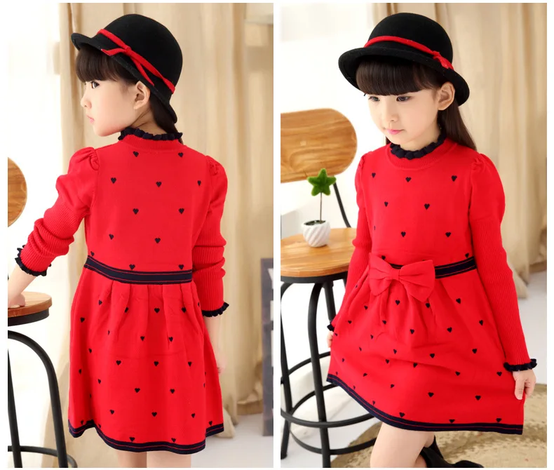 2018 Осенне-зимнее платье для девочек сладкий лук шерсти Вязание круглый вырез