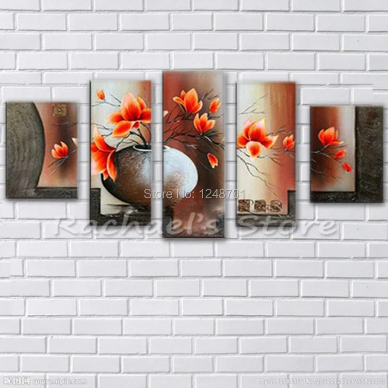

Hand painted Five Pieces Yellow magnolia flowers oil painting on canvas Red magnolia Flower wall picture Living Room Home Decor