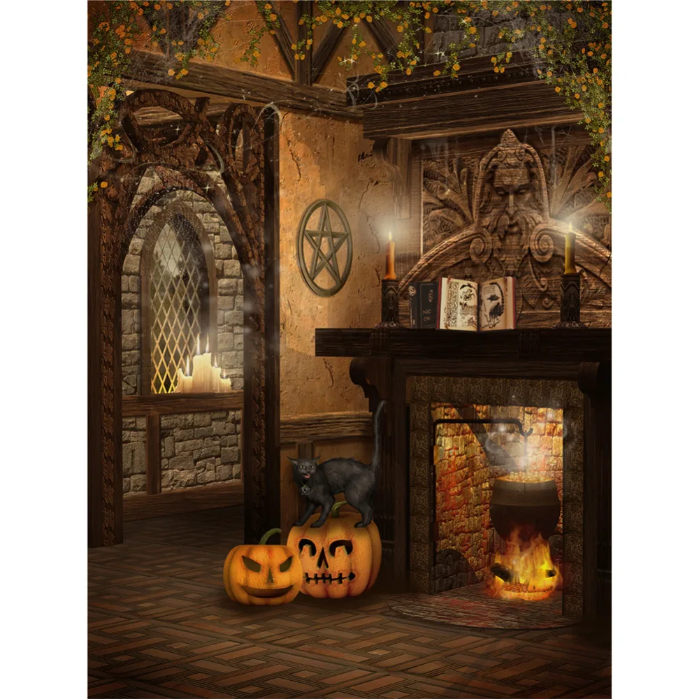 LB полиэстер и винил Хэллоуин Черный кот Тыква фонарь камин студия фоны для