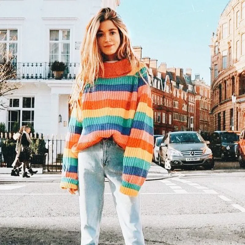 CHRLEISURE Ladies Sweater Rainbow Color Loose High Collar Long-sleeved Knit Autumn And Winter Women's Women | Женская одежда