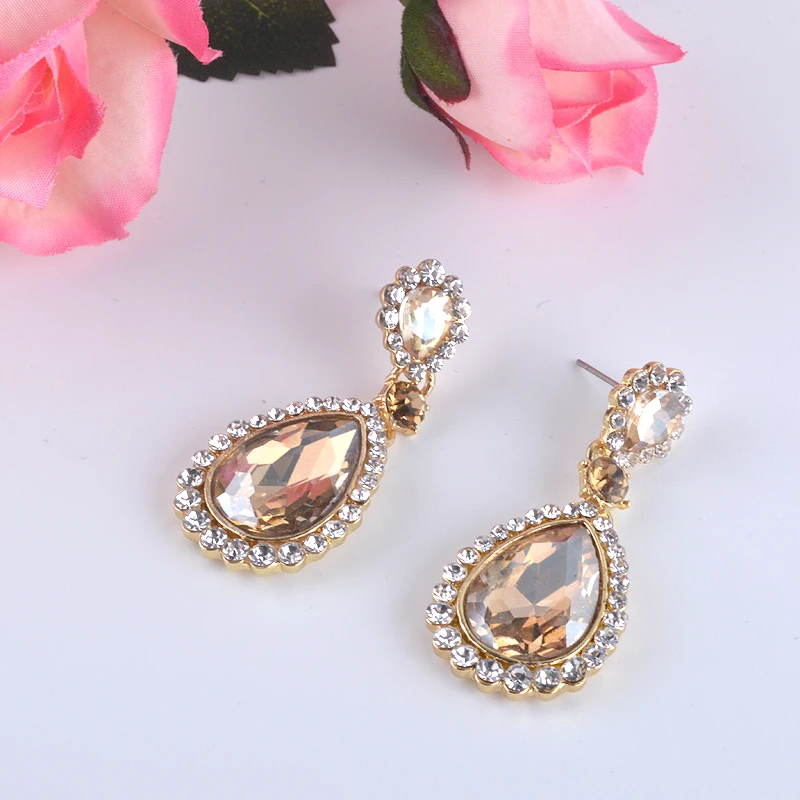 Rhineston капли воды дизайн стекла цвета шампанского Кристалл серьги-капли женские вечерние свадебное платье мотаться свадебные серьги
