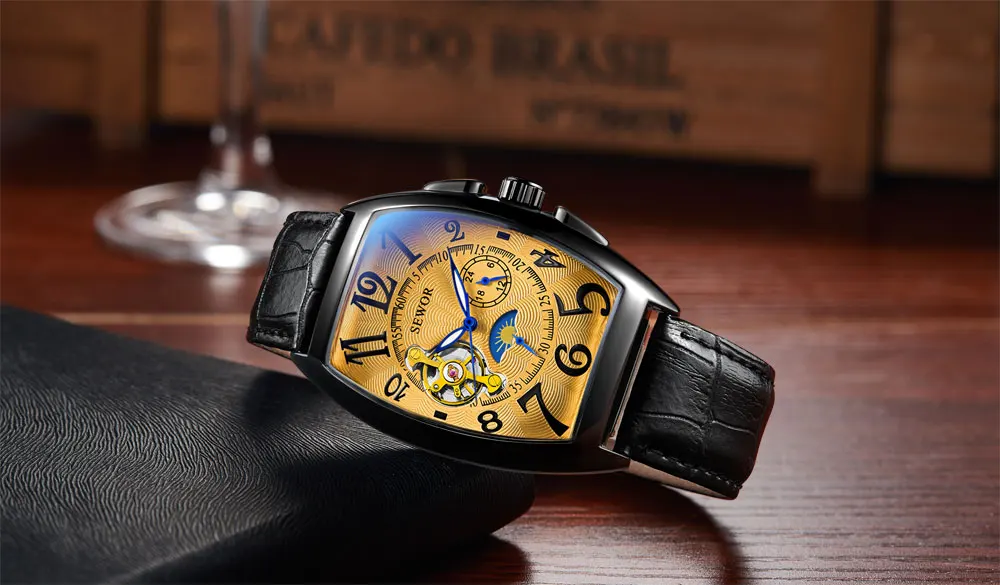 SEWOR Tourbillon автоматические механические часы мужские дизайнерские Moonphase квадратные кожаные часы с скелетом Авто Дата деловые часы