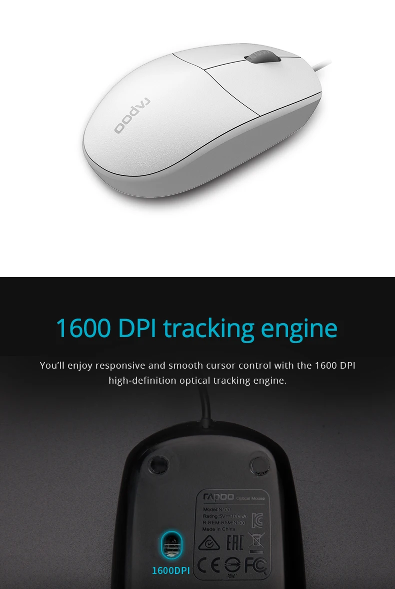 RAPOO N100 USB Проводная оптическая немой Мышь черный 1000 Точек на дюйм для Офис компьютер Мышь
