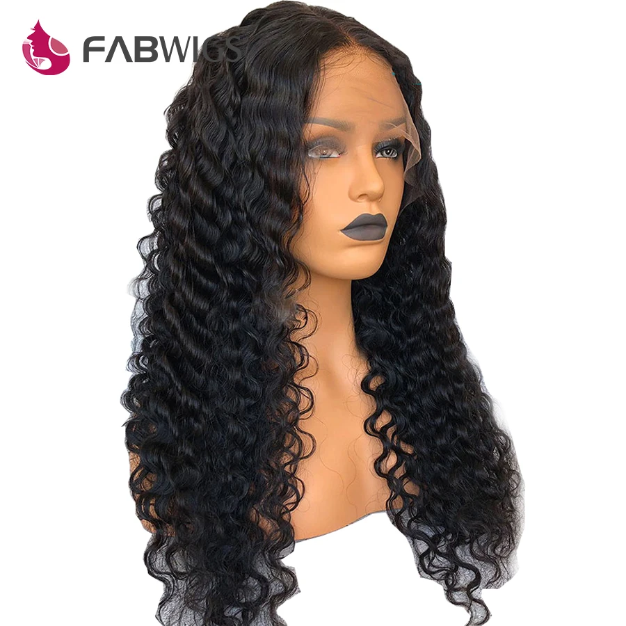 Fabwigs бразильского глубокая волна Full Lace человеческих волос парики с ребенком волос предварительно сорвал Полный парики с невидимой сеточкой для черный Для женщин Волосы remy