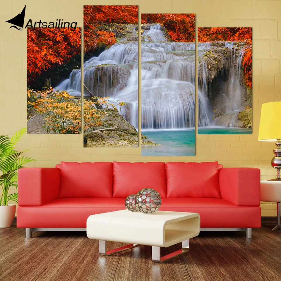 

4 Pcs Canvas Art Canvas Painting Waterfall Red Leaves HD Printed Wall Art Home Decor Poster Wall Pictures for Living Room XA282D