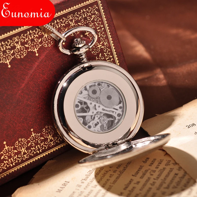 Простые серебряные блестящие Механические карманные часы с цепочкой для ключей