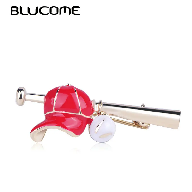 

Blucome Latest Baseball Bat Hat Shape Brooches Red Enamel Sports Style Jewelry For Girls Boys Clothes Corsage Pins Sweater Clips