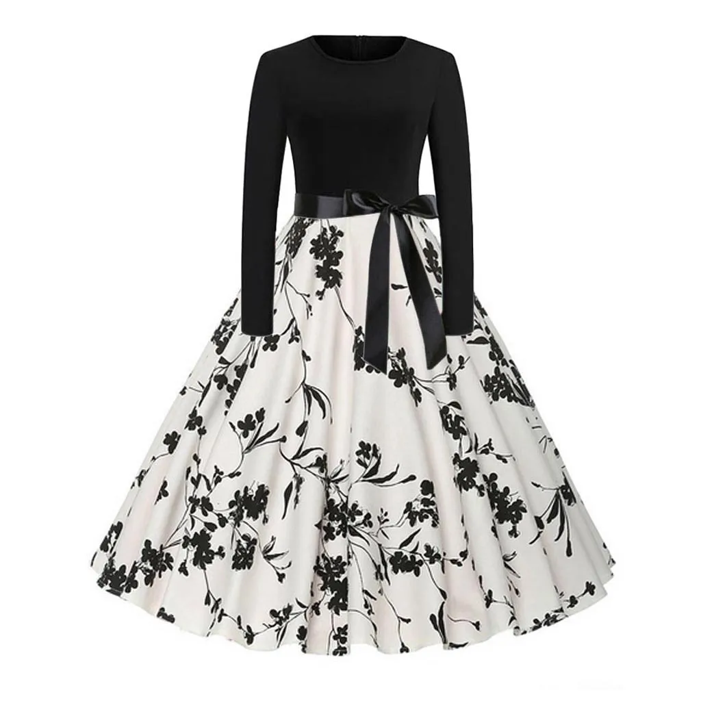 Женское винтажное платье с длинным рукавом белое цветочным принтом на талии
