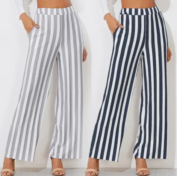 Fashion Casual High Waist Women Wide Leg Pants Striped Pockets Loose Long  Pants Loose Office Ladies Trousers 2022 Gray