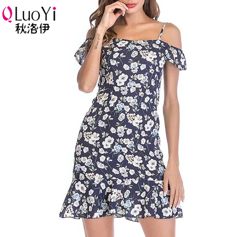 QLuoYi Для женщин 2018 Новый Off Shoulder Ruffle летнее платье синий слинг Шифон Пляж Boho