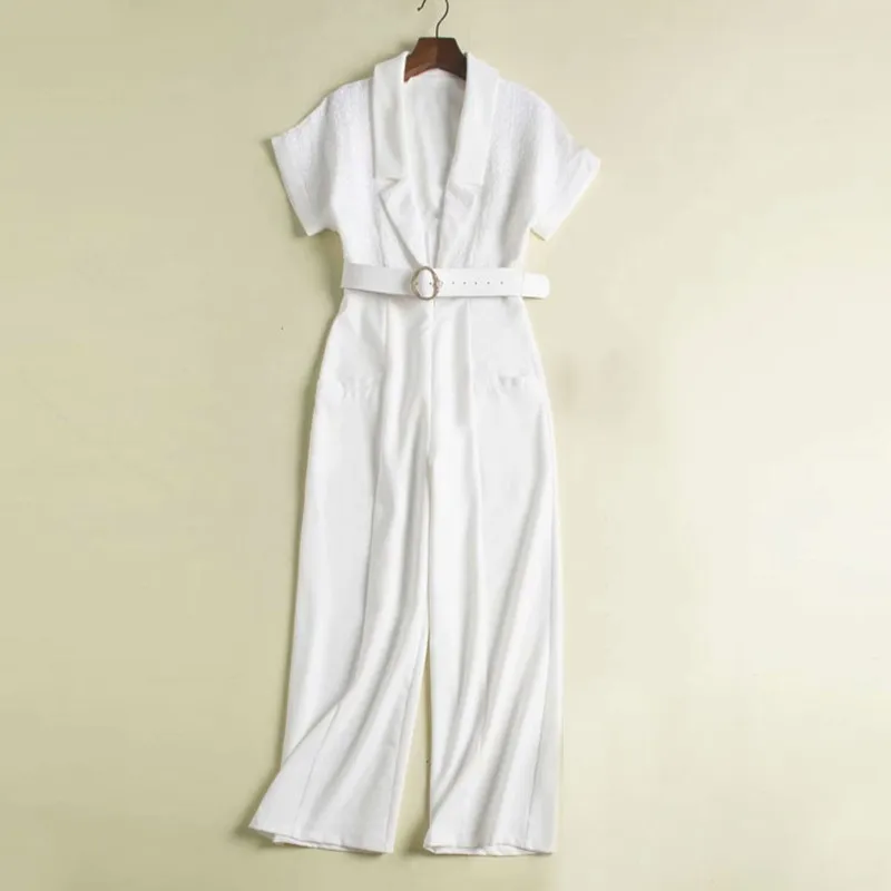 white TWOTWINSTYLE уличная одежда Комбинезоны для женщин воротник с лацканами короткий рукав большой размер высокая талия широкие брюки для женщин Мода - Цвет: white