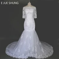 e jue shung white vintage lace appliques off the shoulder mermaid wedding dresses 2018 half sleeves long train wedding gowns