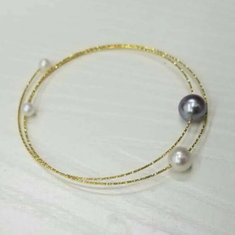 

AAA 6-8mm Two-Pearl White & Purple Bracelet G18K chain Bangle Women's Wedding Jewelry Gifts