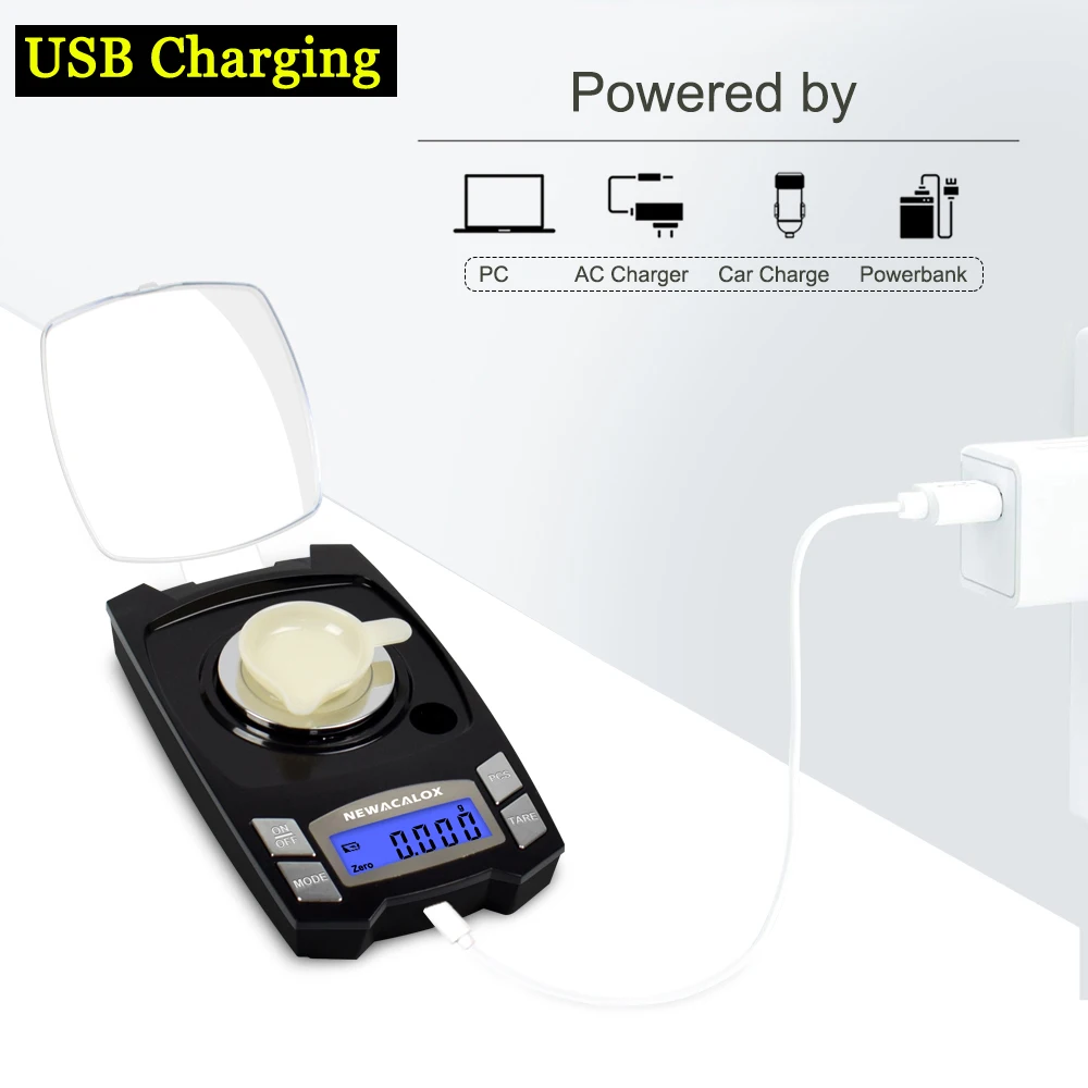 NEWACALOX 100 г/50 г x 0,001 г цифровые электронные весы мини-зарядка через usb весы 0,001 г точные ювелирные лабораторные весы