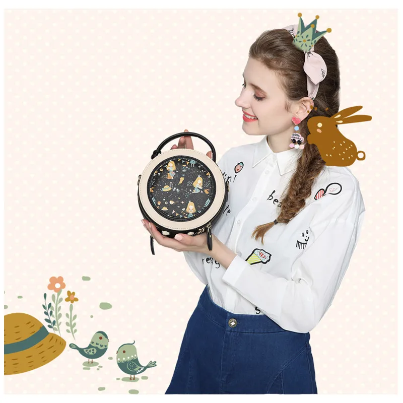 Новая женская сумка с мультяшным рисунком, популярная женская сумка через плечо из искусственной кожи, маленькая круглая черная сумка-мессенджер
