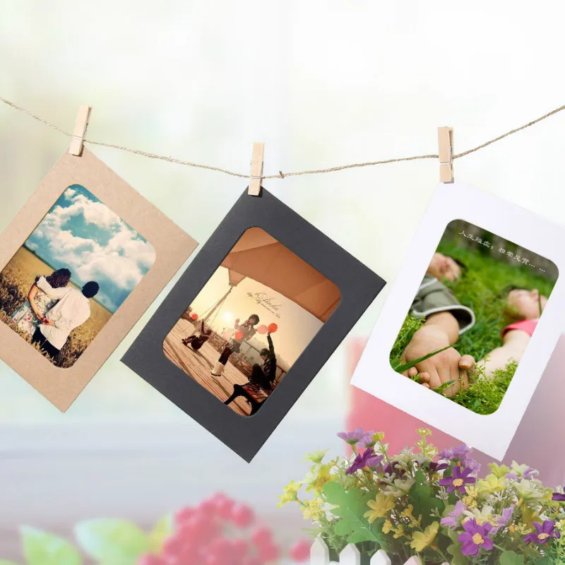10Pcs DIY Kraft Paper Photo Frame 3/5/6 inch Hanging Wall Photos Picture Frame Kraft Paper With Clips and Rope For Family Memory