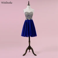 weilinsha short royal blue evening dress sweetheart sleeveless gold applique evening party dresses prom gowns lace up back