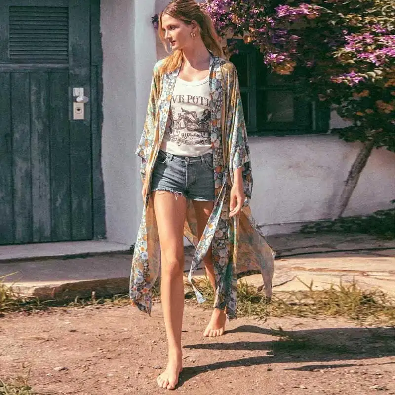 Кимоно кардиган для женщин лето 2019 длинное кимоно свободные топы с цветочным