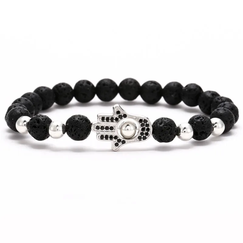 Браслет Рука Фатимы с кубическим цирконием подвеска Хамса браслет Mala Black Lava Stone