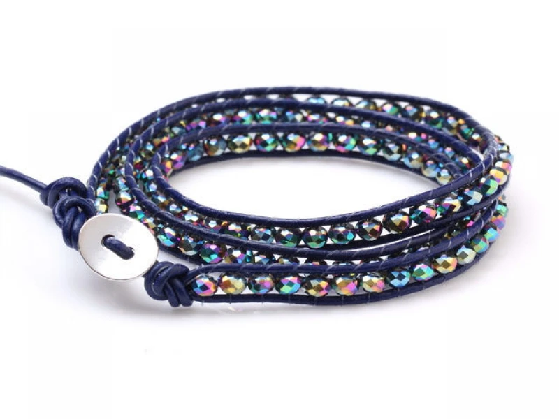 Красивый кожаный браслет 4 мм с кристаллами и бусинами|wrap bracelet|bracelet braceletwrap leather