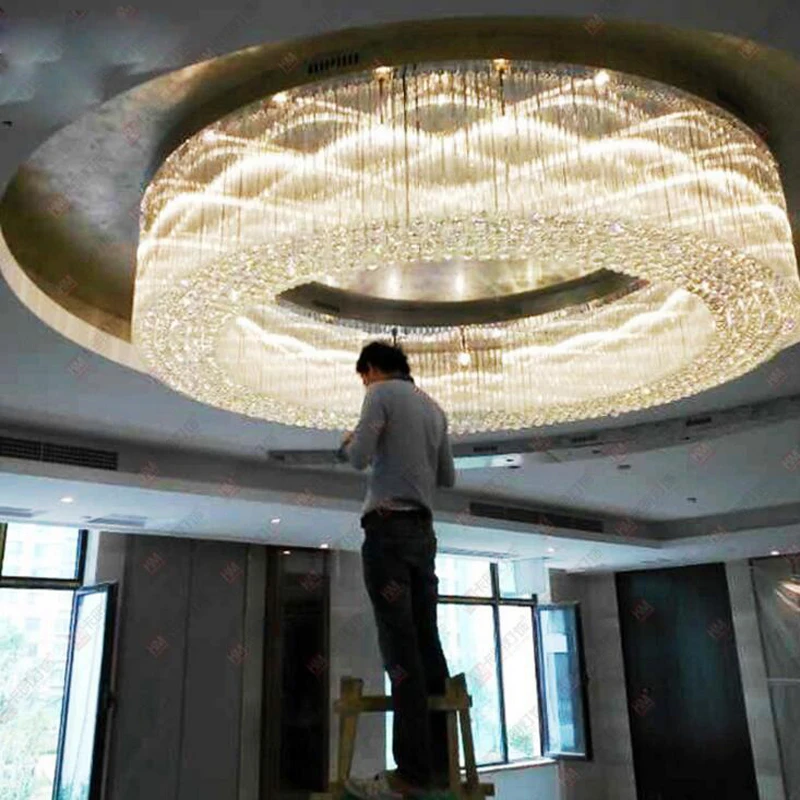 

Роскошный лобби зал Хрустальный потолочный светильник большой отель проект свет круглый кристалл освещение приспособление светодиодные л...
