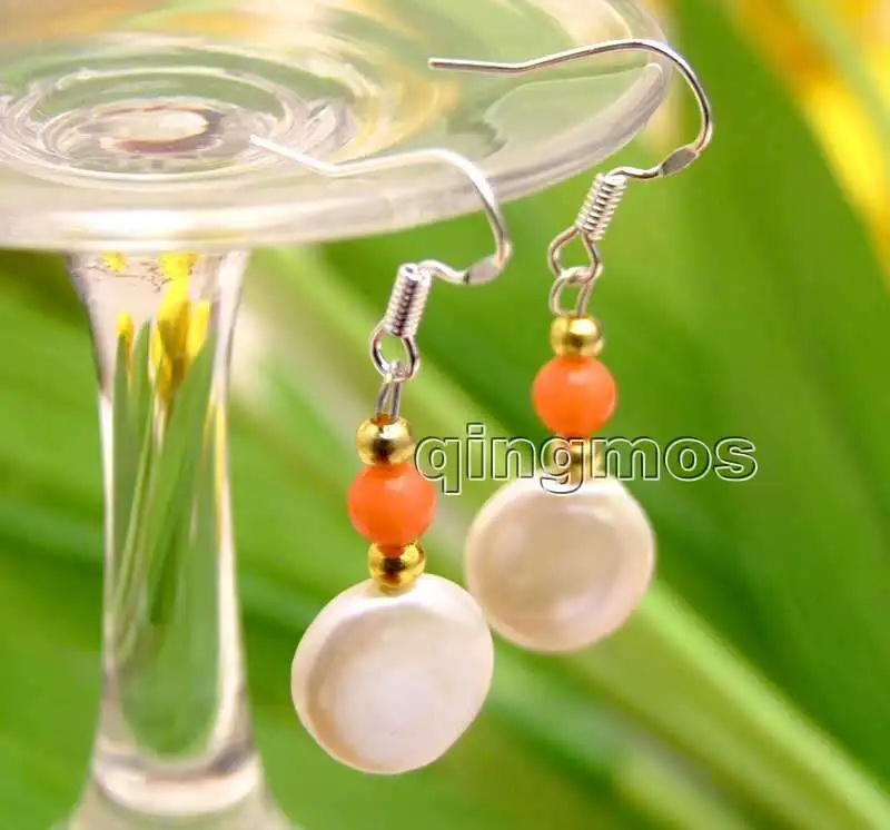 

12-13mm White Coin Round Natural Freshwater Pearl and 5-6mm Pink Coral Earring-ear470 wholesale/retail Free shipping