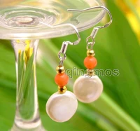12 13mm white coin round natural freshwater pearl and 5 6mm pink coral earring ear470 wholesaleretail free shipping
