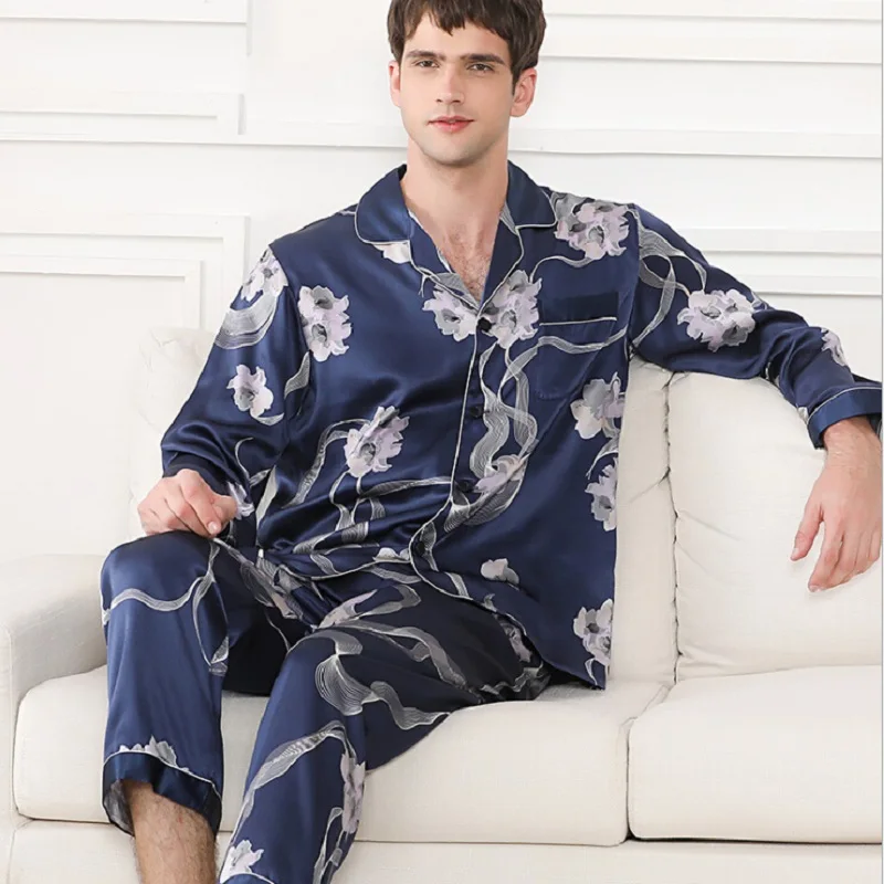 

Men Silk Pajamas Set Long Sleeve Autumn Winter 2019 New Man Floral Print Blue Silk Stain Pyjamas Set Homewear Sleepwear Sets Men