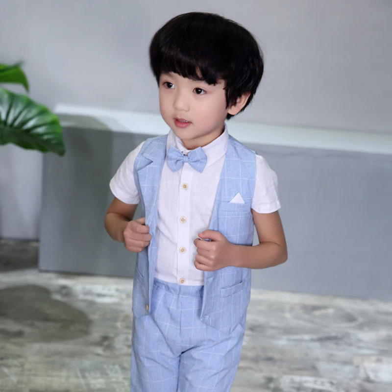 LUOBOBEIBEI Boy Kids Clothes Child Casual Set Spring Summer Baby Formal 4 Pcs Vest Shirt Pant |