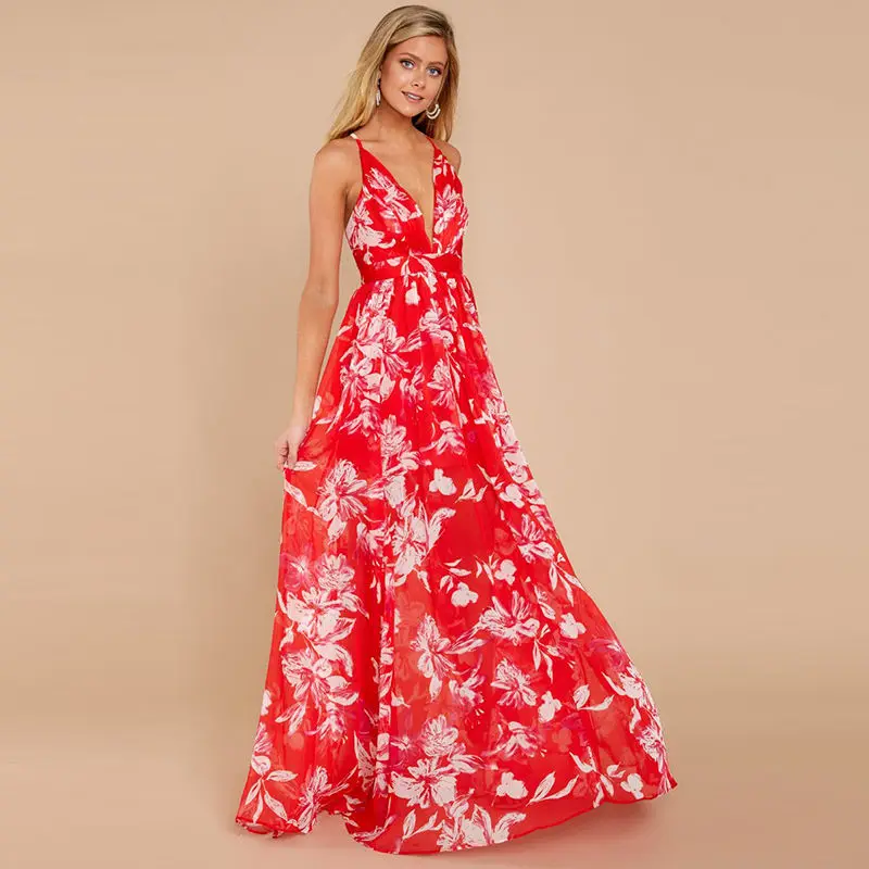 SW06705 Женское платье макси с цветочным принтом Boho летнее сексуальное пляжное платье с v-образным вырезом и открытой спиной Повседневный Сарафан Длинные платья без рукавов - Цвет: SW06705
